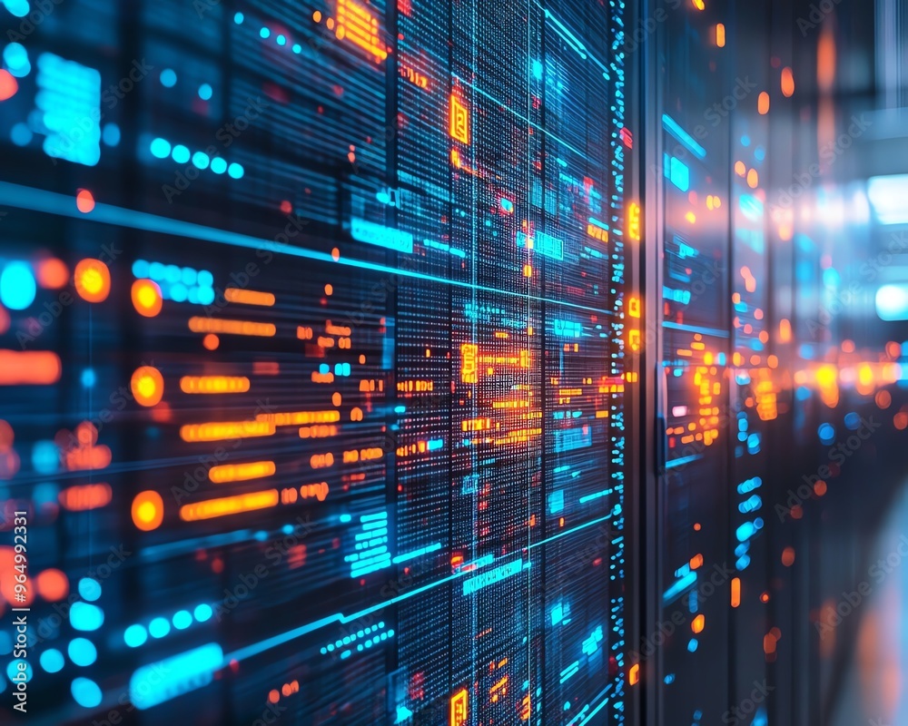 Poster Closeup of a secure data center with stateoftheart cybersecurity systems, featuring encrypted servers, firewalls, and digital security measures