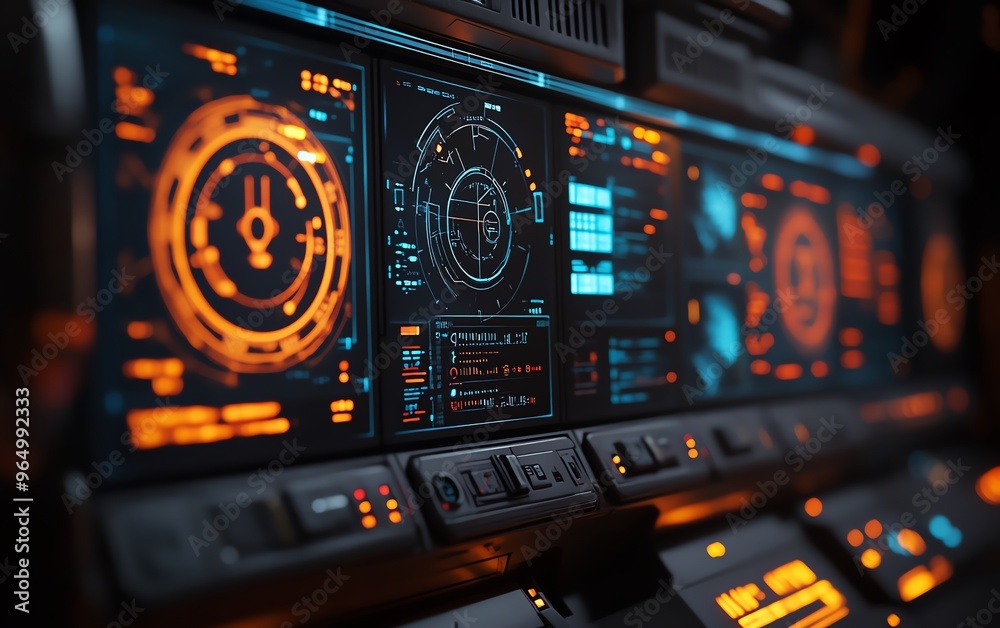 Poster Closeup of a wireless hacking console with interactive displays, showing captured signals, data breaches, and advanced decryption tools