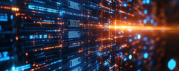 Closeup of a secure data center with stateoftheart cybersecurity systems, featuring encrypted servers, firewalls, and digital security measures