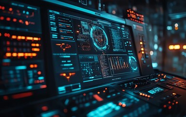 Closeup of a wireless hacking console with interactive displays, showing captured signals, data breaches, and advanced decryption tools