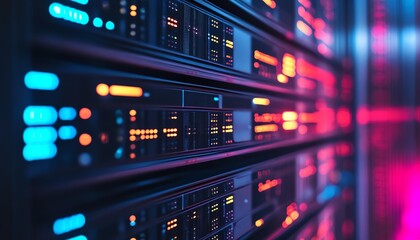 Fototapeta premium Closeup of a secure data center with stateoftheart cybersecurity systems, featuring encrypted servers, firewalls, and digital security measures