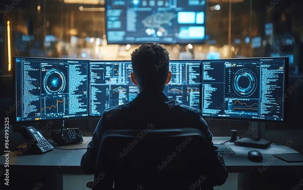 Poster Cybersecurity expert working at a hightech console with multiple screens displaying realtime security threats, data encryption, and digital defenses