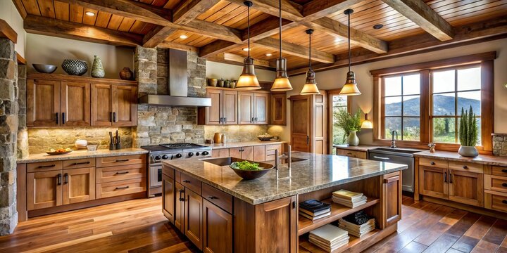 Handcrafted wooden kitchen cabinets showcase the beauty of exposed beams, while natural stone countertops and earthy