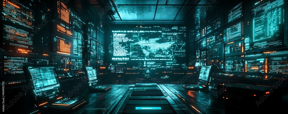 Aufkleber futuristic cybercrime scene with stolen data being transferred through hightech devices, surrounded 