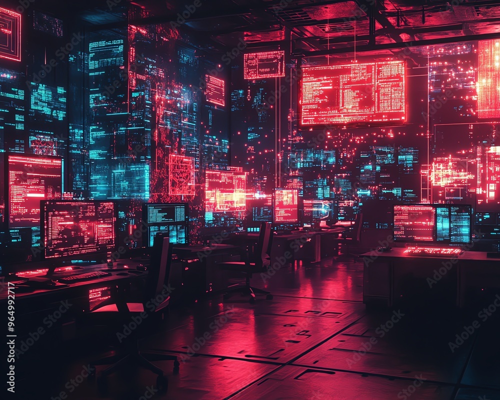 Poster futuristic cybercrime scene with stolen data being transferred through hightech devices, surrounded 