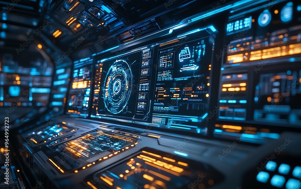 Poster Futuristic digital security interface with complex encryption algorithms, realtime monitoring, and automated threat detection in a sleek environment