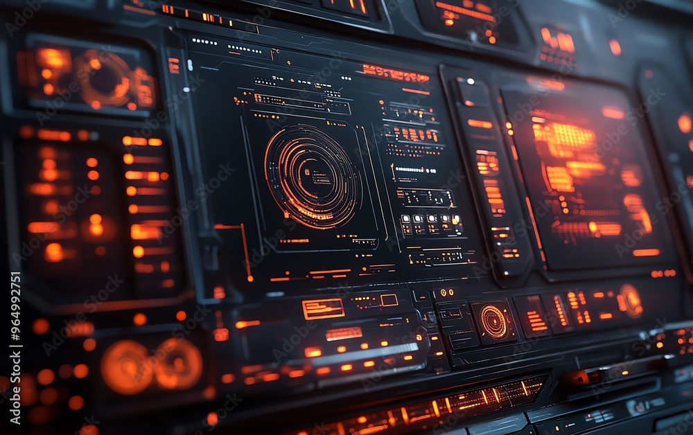 Poster Futuristic digital security interface with complex encryption algorithms, realtime monitoring, and automated threat detection in a sleek environment