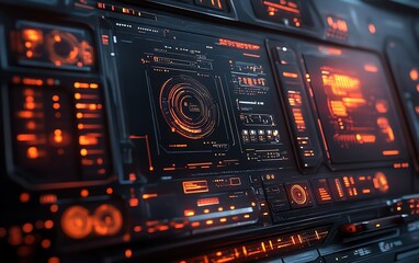 Fototapeta premium Futuristic digital security interface with complex encryption algorithms, realtime monitoring, and automated threat detection in a sleek environment