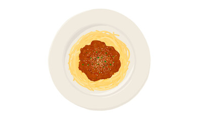 Spaghetti with meat sauce on top.  Hand drawn vector illustration. Top view.