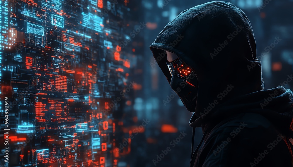 Aufkleber Highsecurity data theft operation with masked hackers accessing sensitive information, featuring detailed digital maps and encrypted data