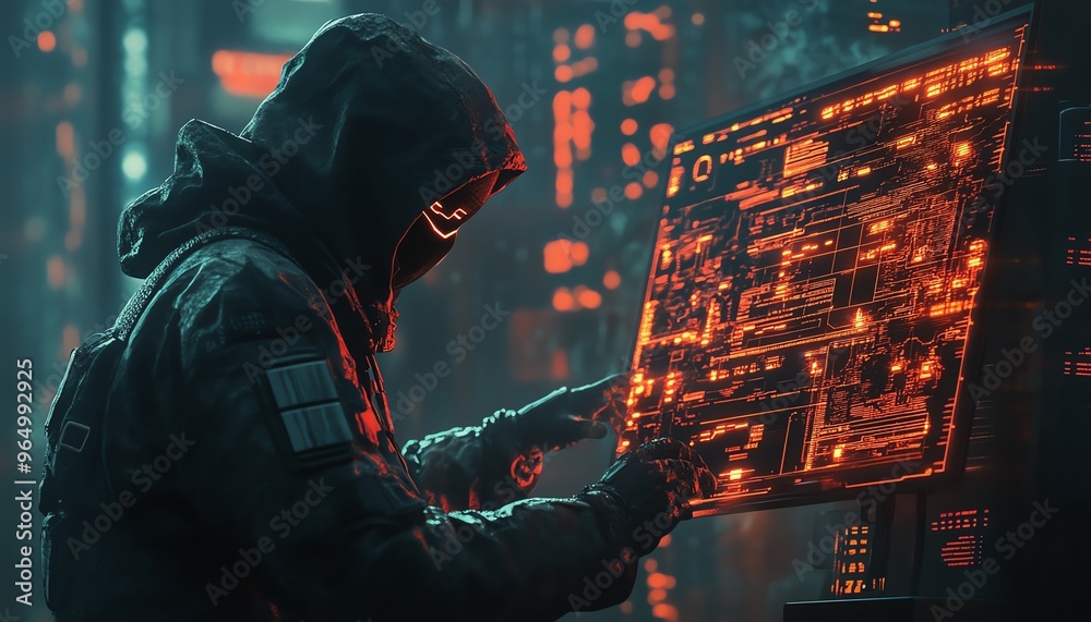 Aufkleber Highsecurity data theft operation with masked hackers accessing sensitive information, featuring detailed digital maps and encrypted data