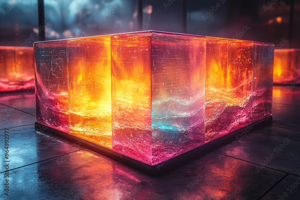 Poster a transparent glass box with layers of colored liquid representing different data sets that mix and 
