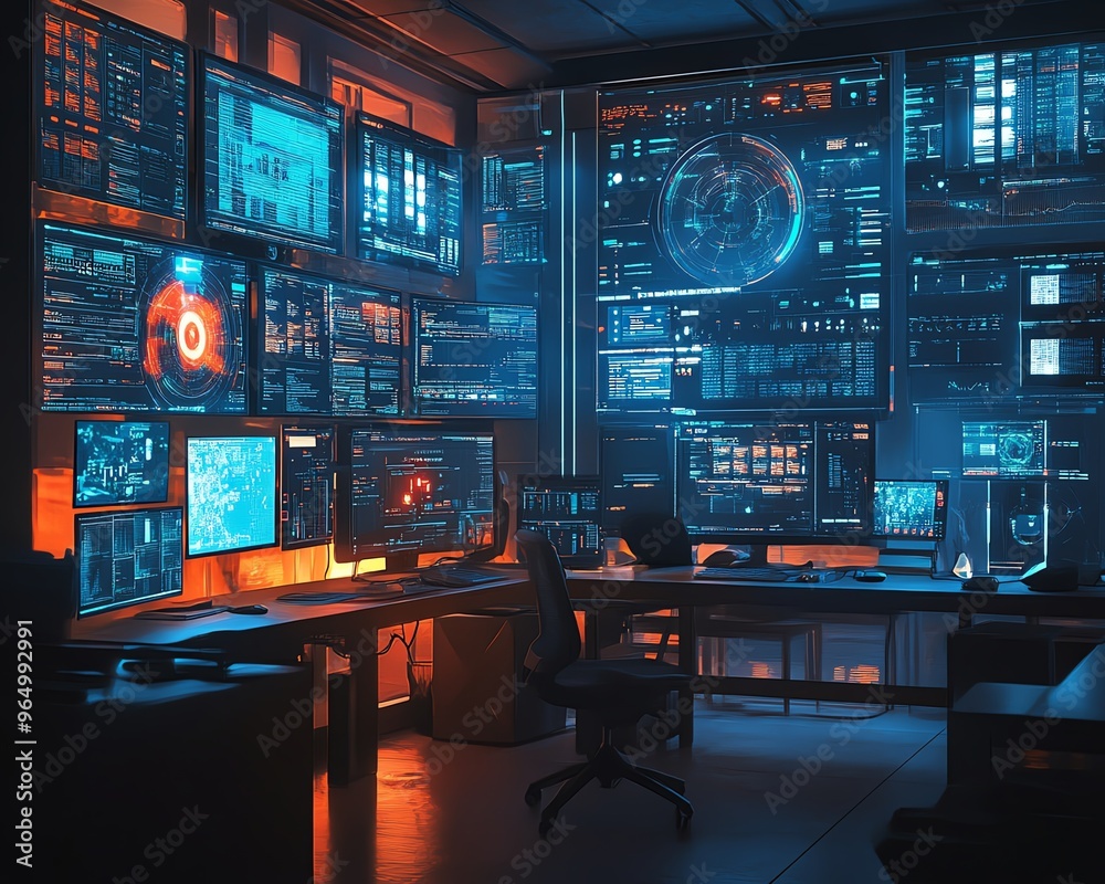 Poster hightech cybersecurity office dealing with an insider threat, showing realtime monitoring screens, s