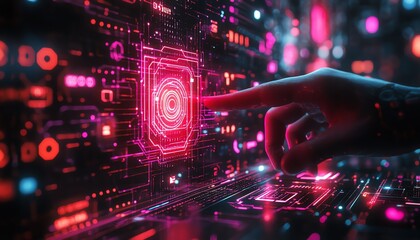Obraz premium Hightech anonymous communication tools with advanced encryption, biometric security, and interactive digital interfaces in a dark setting