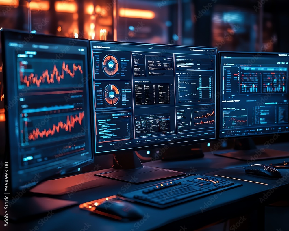 Poster Hightech information security setup with interactive dashboards, showing threat alerts, firewall configurations, and secure data encryption