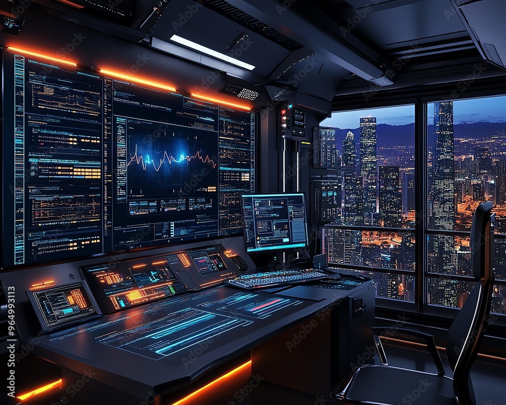 Fototapete hightech information security setup with interactive dashboards, showing threat alerts, firewall con