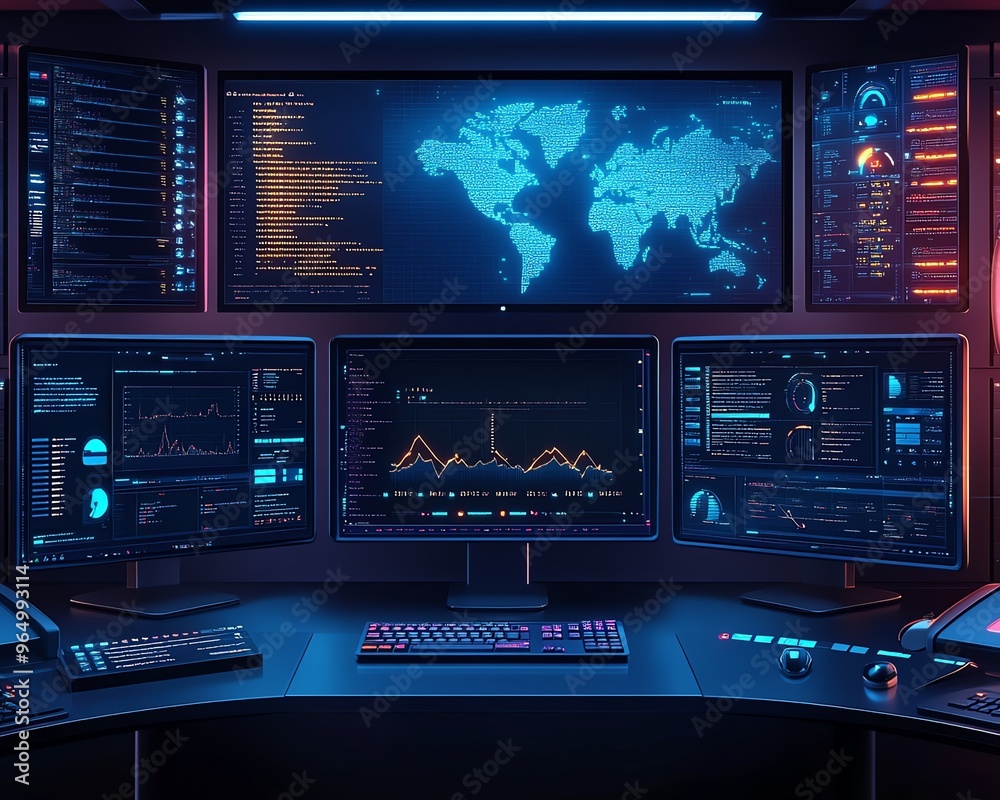 Poster Hightech information security setup with interactive dashboards, showing threat alerts, firewall configurations, and secure data encryption