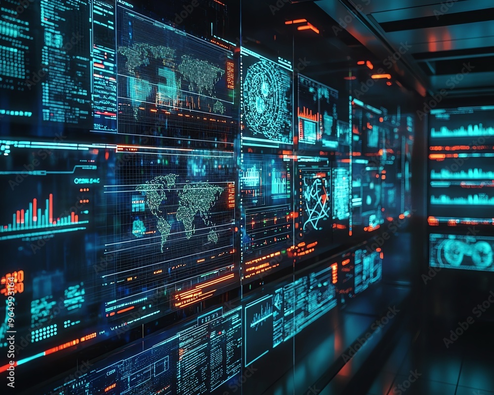 Poster Hightech wireless hacking scene with multiple screens showing intercepted data streams, signal analyzers, and sophisticated hacking tools