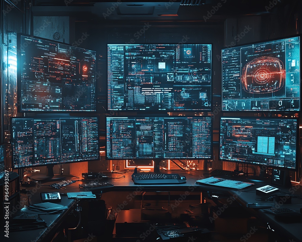 Poster Hightech wireless hacking scene with multiple screens showing intercepted data streams, signal analyzers, and sophisticated hacking tools