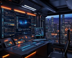Fototapeta premium Hightech information security setup with interactive dashboards, showing threat alerts, firewall configurations, and secure data encryption