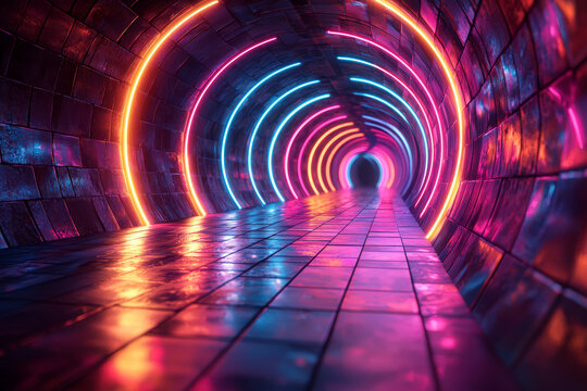 A swirling vortex of neon lights creating a mesmerizing spiral pattern that draws the eye inward. Concept of hypnotic visual effects and motion.