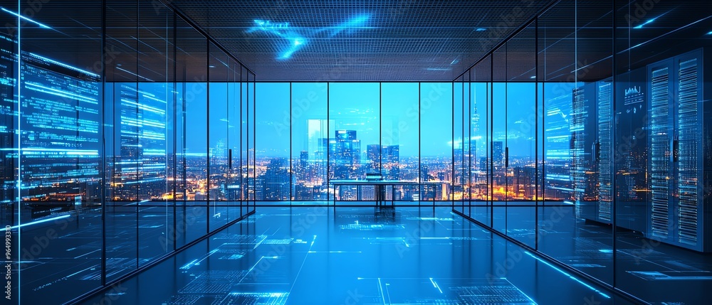 Aufkleber modern office with advanced information security features, including biometric access controls, encr