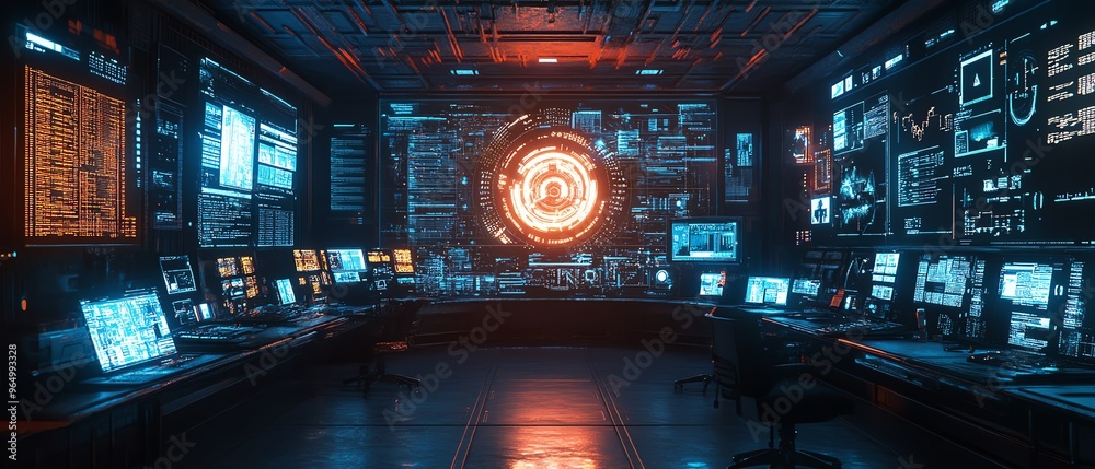 Aufkleber Network hacking console with interactive data visualization, realtime breach monitoring, and hightech security bypass tools in a futuristic lab