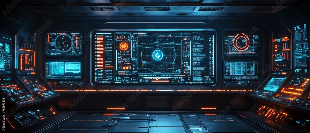 Aufkleber Network hacking console with interactive data visualization, realtime breach monitoring, and hightech security bypass tools in a futuristic lab