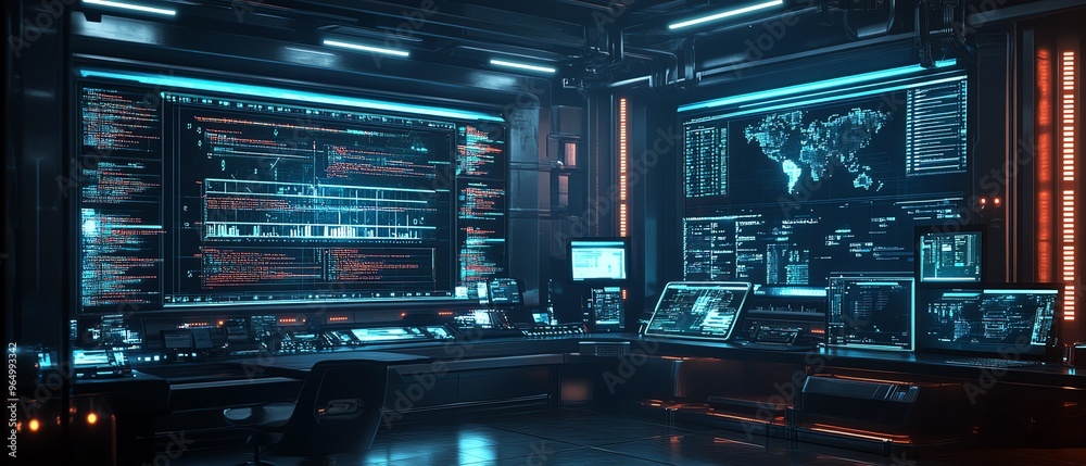 Poster Network hacking console with interactive data visualization, realtime breach monitoring, and hightech security bypass tools in a futuristic lab