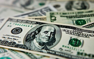Economy graph: 100 dollar bills and stock market data dashboard.