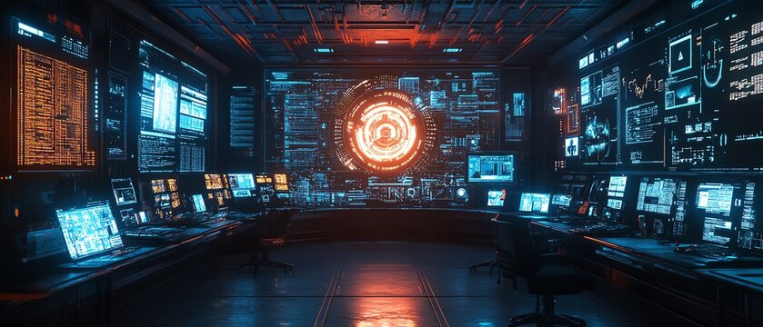 Network hacking console with interactive data visualization, realtime breach monitoring, and hightech security bypass tools in a futuristic lab