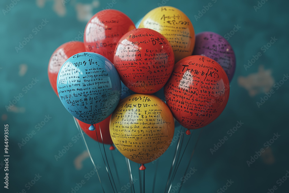 Poster a set of floating balloons with each balloon containing a different statistic or fact written on it,