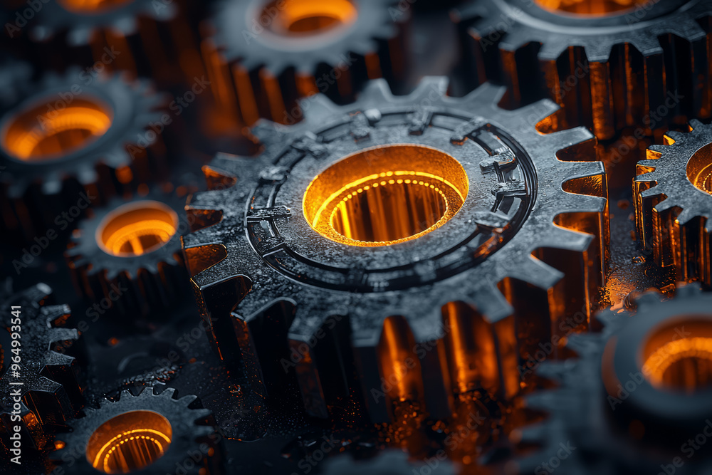 Poster a set of interlocking gears with each gear displaying a different creative or intellectual concept, 