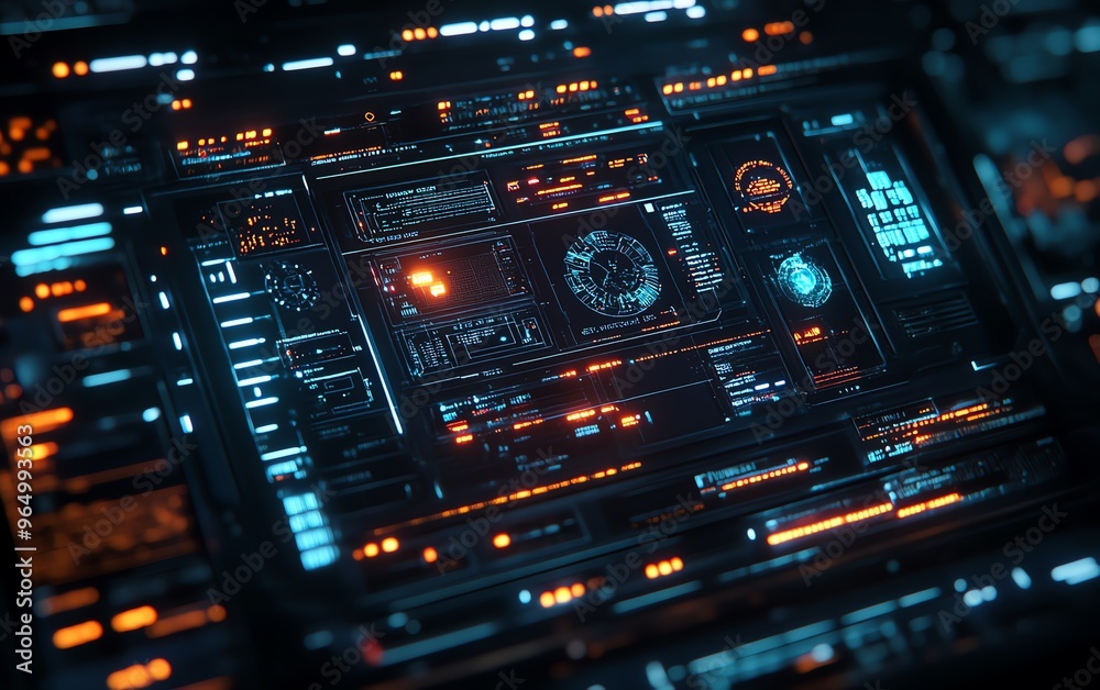 Aufkleber closeup of a cyber warfare interface with detailed visualizations of ongoing attacks, defense respon