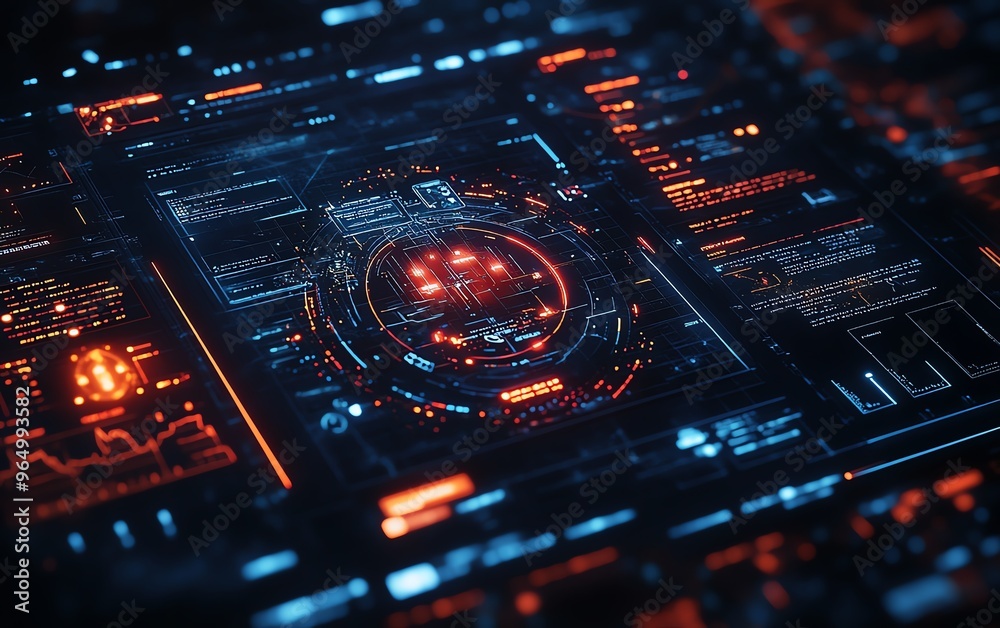 Leinwandbilder Closeup of a cyber warfare interface with detailed visualizations of ongoing attacks, defense responses, and encrypted communications in a highsecurity environment