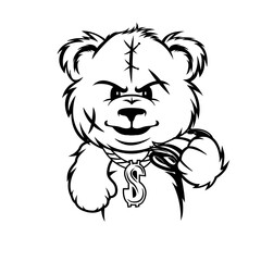 Wounded Bear | Lady Teddy Bear | Gangster Teddy | Stitched Gangster | Dollar Gangster | Dollar Necklace | Mafia Bear | Dollar Teddy | Original Illustration | Vector and Clipart | Cutfile and Stencil