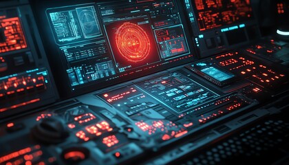 Fototapeta premium Closeup of a black hat hacker s workstation, featuring malicious software, realtime data breaches, and sophisticated digital security bypass tools