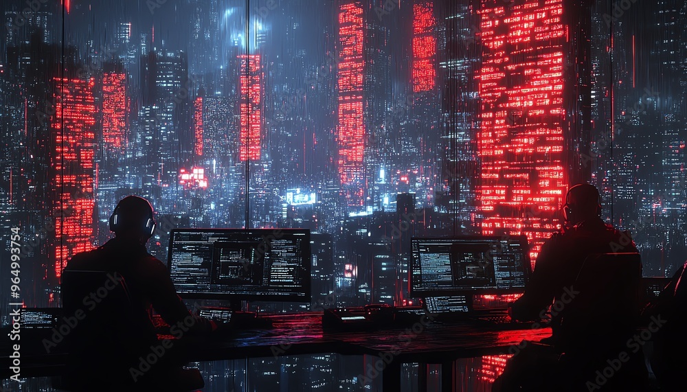Poster Cyber warfare scenario with hackers breaching secure systems, data exfiltration, and advanced counterhacking measures in a hightech setting
