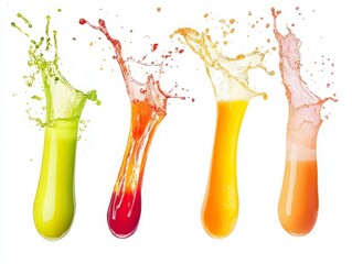 Five Unique Juice Splashes in Dynamic Motion, Isolated on White Background, Highlighting Fluidity and Energetic Movement with Translucent Quality