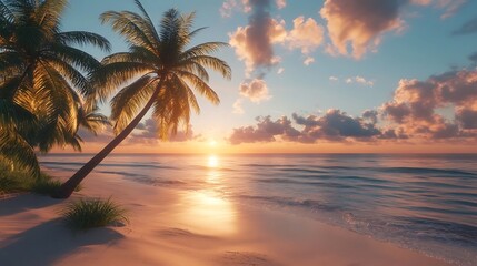 Coconut Palm Trees Against Colorful Sunset.