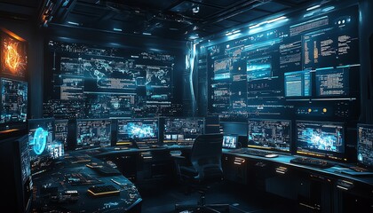 Cyber warfare simulation with complex attack vectors, data breaches, and defensive measures displayed on multiple hightech monitors