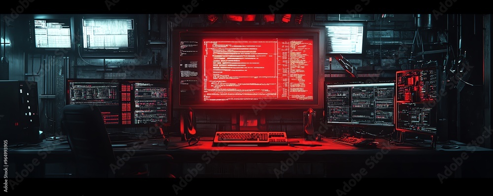 Poster Detailed visualization of a zeroday exploit, featuring malicious code, compromised network systems, and hightech security breach tools in a dark setting