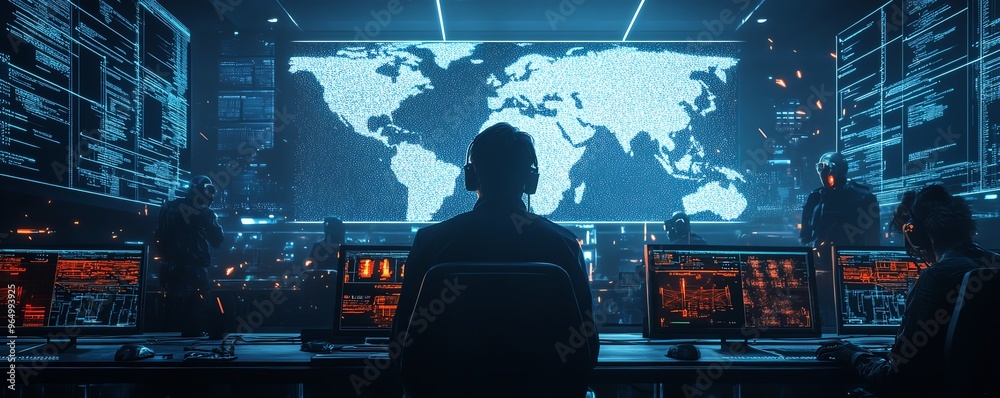 Aufkleber dynamic scene of a cyber warfare scenario, with hackers launching digital attacks, countermeasures b