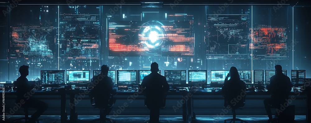 Leinwandbilder dynamic scene of a cyber warfare scenario, with hackers launching digital attacks, countermeasures b