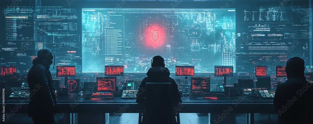 Aufkleber dynamic scene of a cyber warfare scenario, with hackers launching digital attacks, countermeasures b