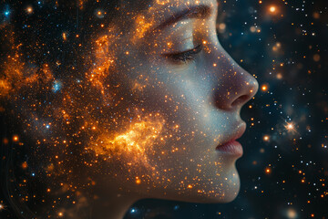 Obraz premium A person's silhouette filled with constellations and nebulae, indicating the vastness and depth of the mind. Concept of mental expansiveness and exploration.
