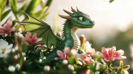 Naklejka premium A green dragon is sitting in a field of flowers. The dragon is surrounded by a variety of flowers, including daisies, roses, and lilies. The scene is peaceful and serene