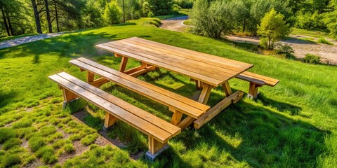 Obraz premium In the heart of a lush forest, a sturdy composite table with attached benches beckons picnickers to relaxation.