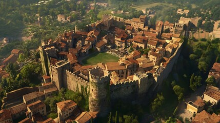 Fototapeta premium MONTERIGGIONI, ITALY: Medieval Tuscan Fortress, Aerial view of an ancient medieval village used in Assassin's Creed video game. Monteriggioni, Italy.