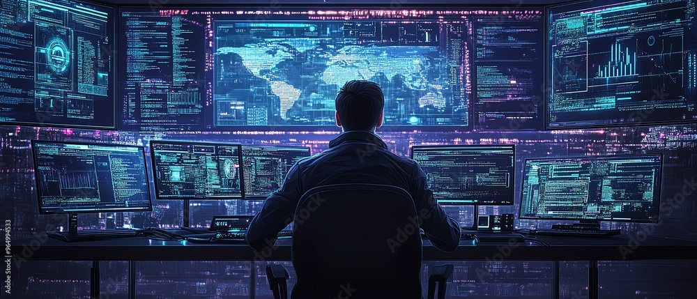 Poster modern ethical hacking setup with white hat hackers engaged in network security analysis, showing de